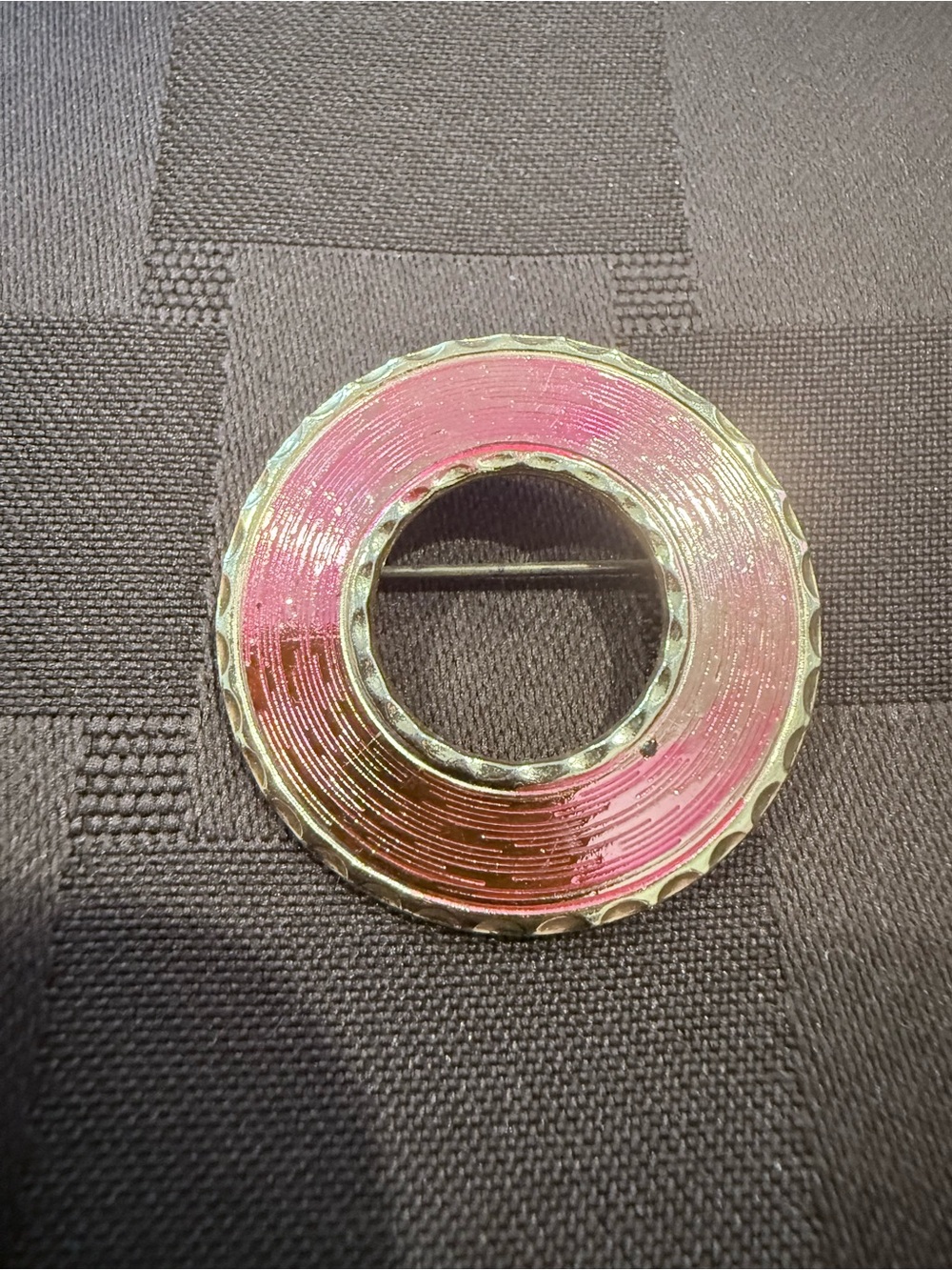 Vintage Mid-Century Gold Tone &
Pink Guilloche Enamel Circle Brooch
Pin 1 1/4”